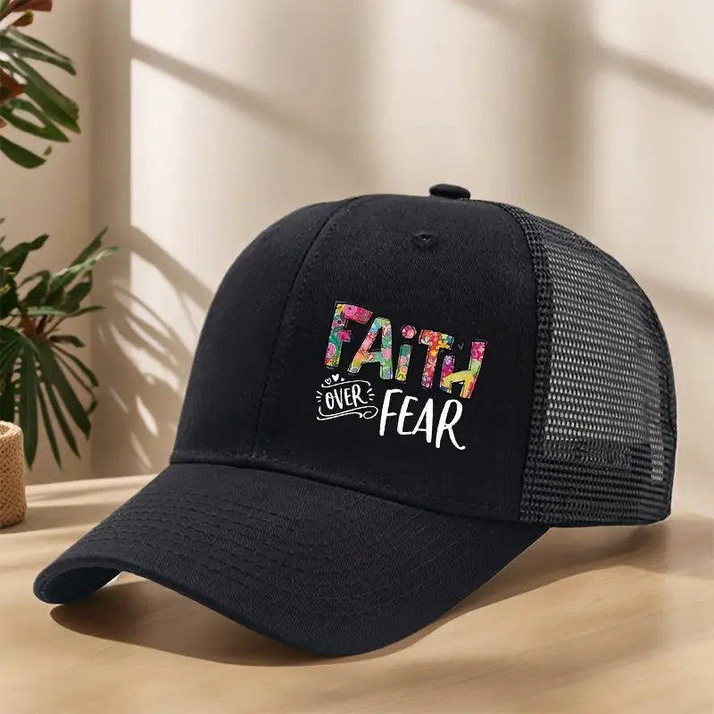 Faith Over Fear Trucker Hat – Airy Mesh Design, Durable Beige Cap for Casual & Active Lifestyle
