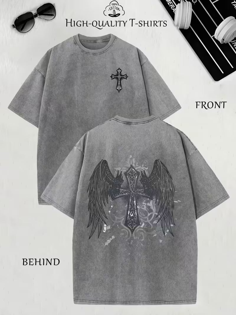 Gothic Angel Vintage Oversized Tee – Heavyweight Washed Streetwear Shirt