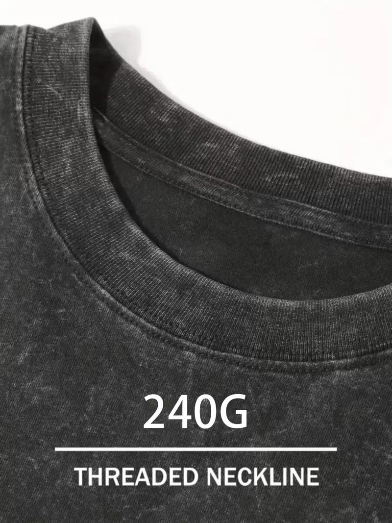 Close-up of a black t-shirt with '240G Threaded Neckline' text on a white background
