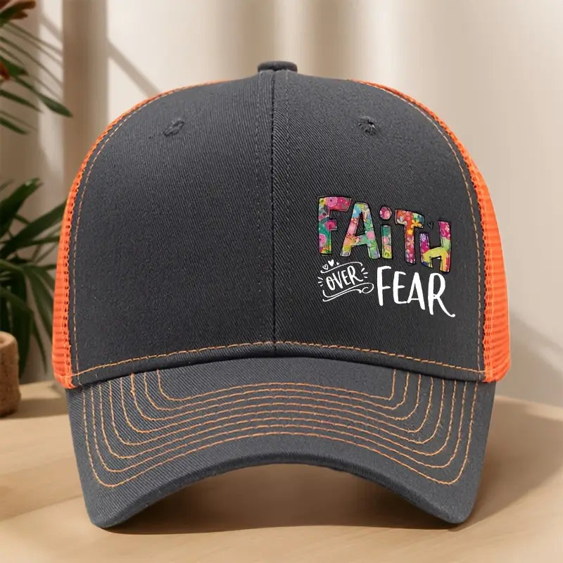 Faith Over Fear Trucker Hat – Airy Mesh Design, Durable Beige Cap for Casual & Active Lifestyle