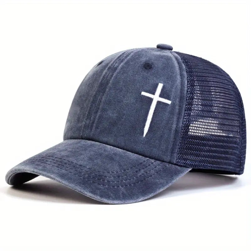Cross Hat – Breathable Vintage Baseball Cap with White Cross Embroidery for Men & Women