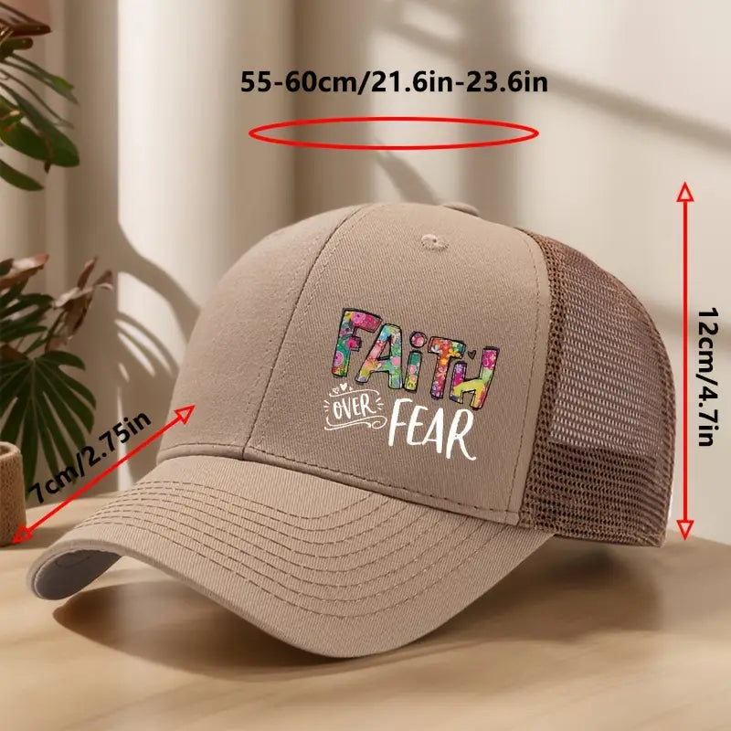 Faith Over Fear Trucker Hat – Airy Mesh Design, Durable Beige Cap for Casual & Active Lifestyle