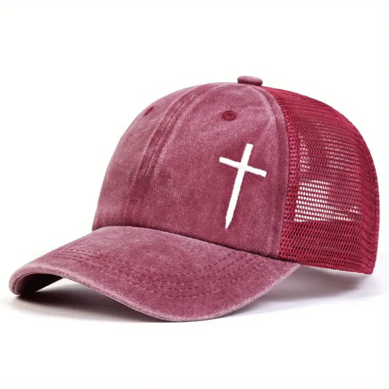 Cross Hat – Breathable Vintage Baseball Cap with White Cross Embroidery for Men & Women