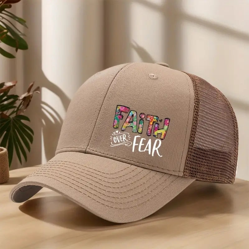 Faith Over Fear Trucker Hat – Airy Mesh Design, Durable Beige Cap for Casual & Active Lifestyle