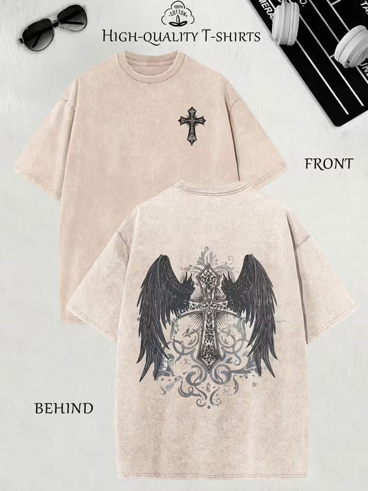 Gothic Angel Vintage Oversized Tee – Heavyweight Washed Streetwear Shirt
