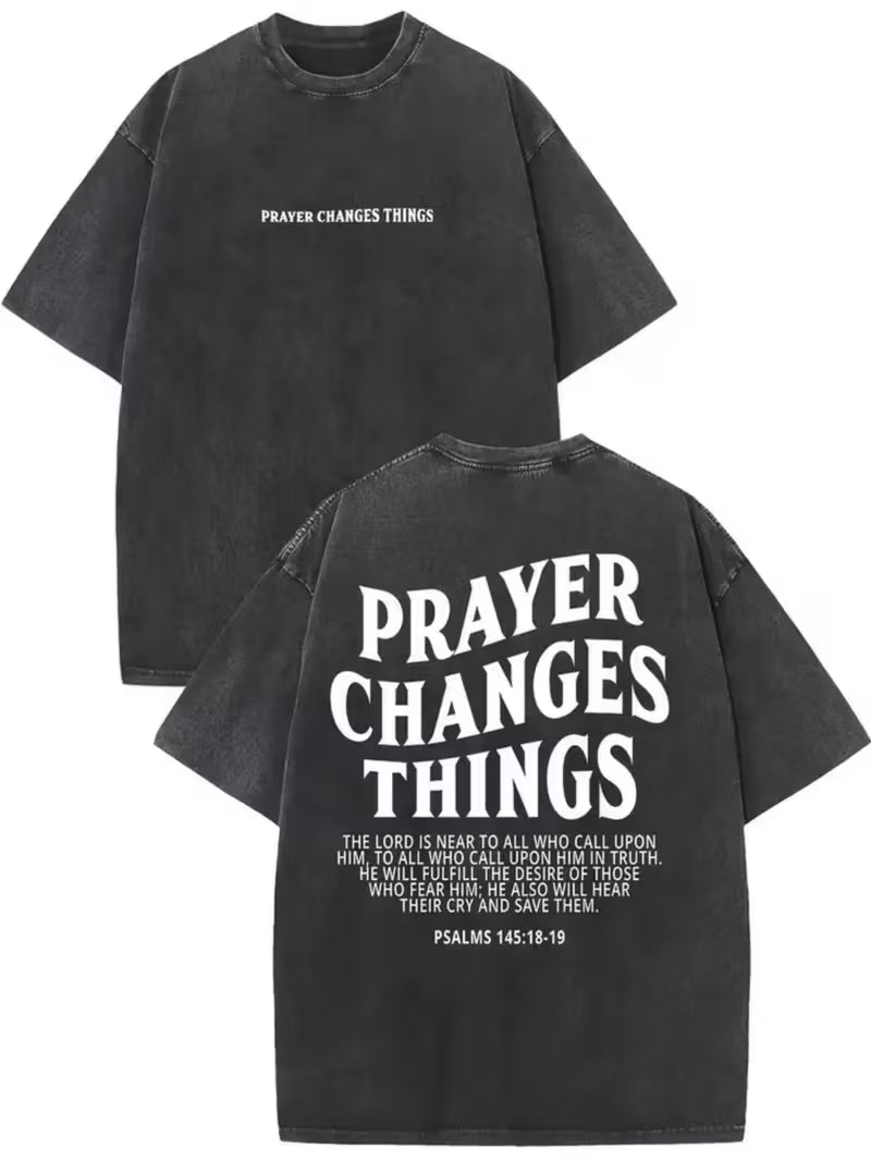 Black t-shirt with 'Prayer Changes Things' text on front and back