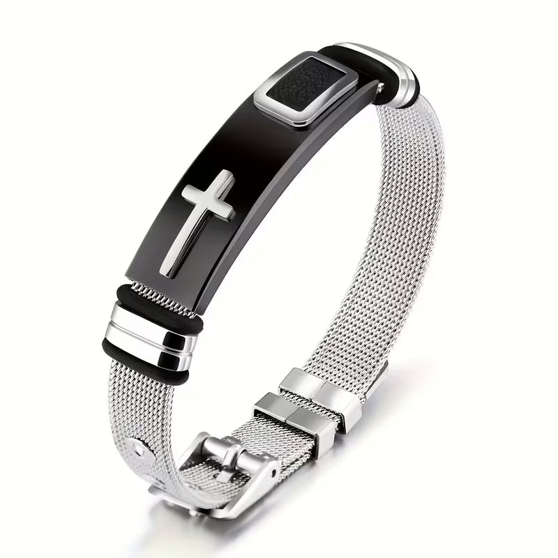 Unisex Adjustable Stainless Steel Cross Mesh Bracelet - Religious Wristband