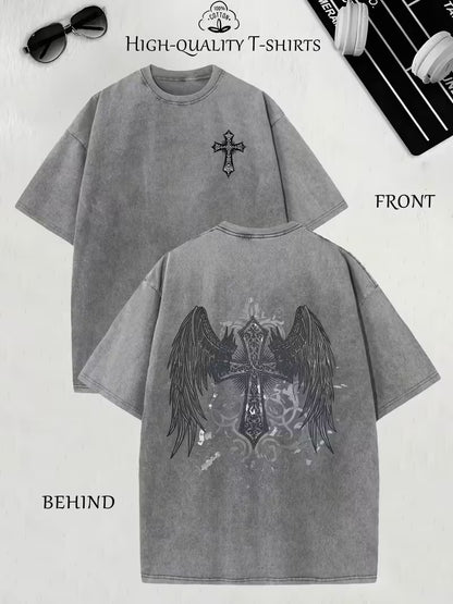 Gothic Angel Vintage Oversized Tee – Heavyweight Washed Streetwear Shirt