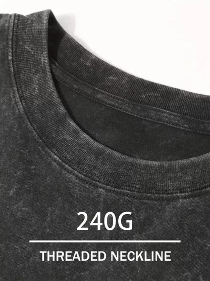 Close-up of a black t-shirt with '240G Threaded Neckline' text on a white background