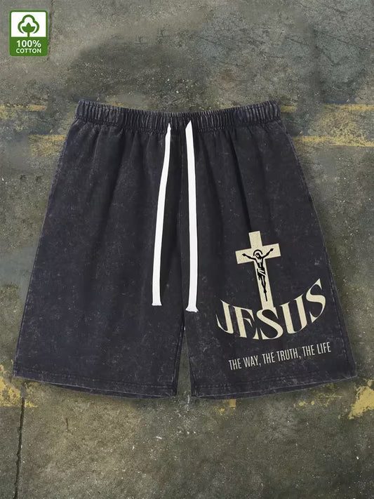 290G Heavy-Duty Washed Verse Shorts | Jesus’ Truth Print (John 14:6) & Cross Design | Adjustable Elastic Waistband | Casual Athletic Faith-Based Shorts
