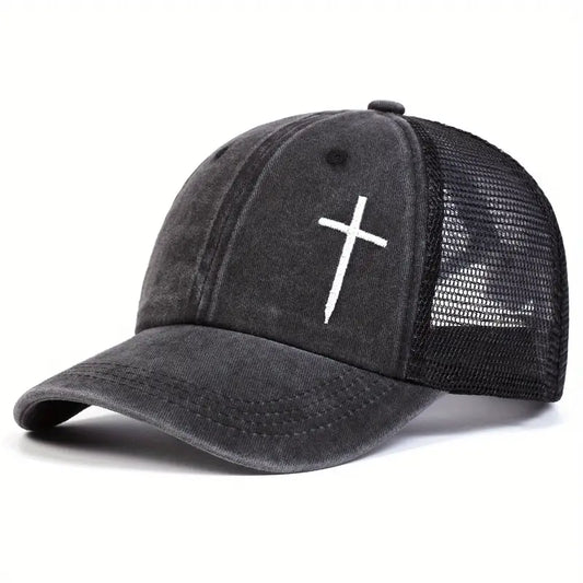 Cross Hat – Breathable Vintage Baseball Cap with White Cross Embroidery for Men & Women