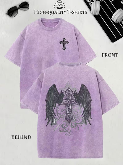 Gothic Angel Vintage Oversized Tee – Heavyweight Washed Streetwear Shirt