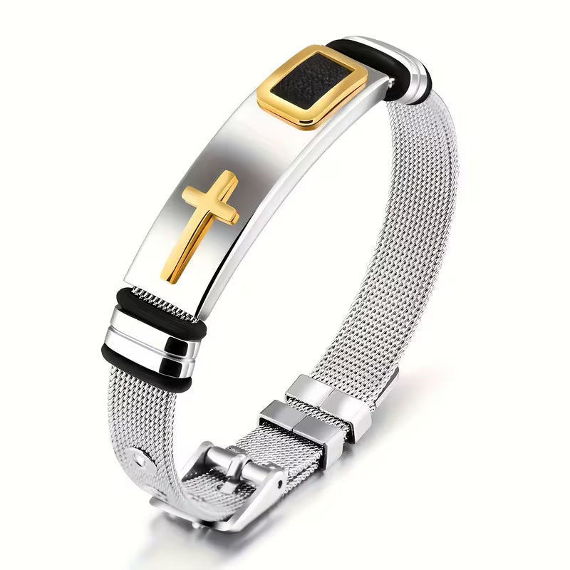 Unisex Adjustable Stainless Steel Cross Mesh Bracelet - Religious Wristband