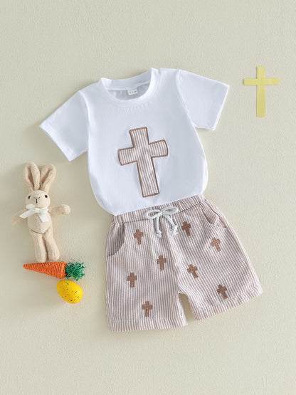 2-Piece Toddler Boy Easter Outfit Set – Cross Print Short Sleeve Top & Elastic Waist Shorts