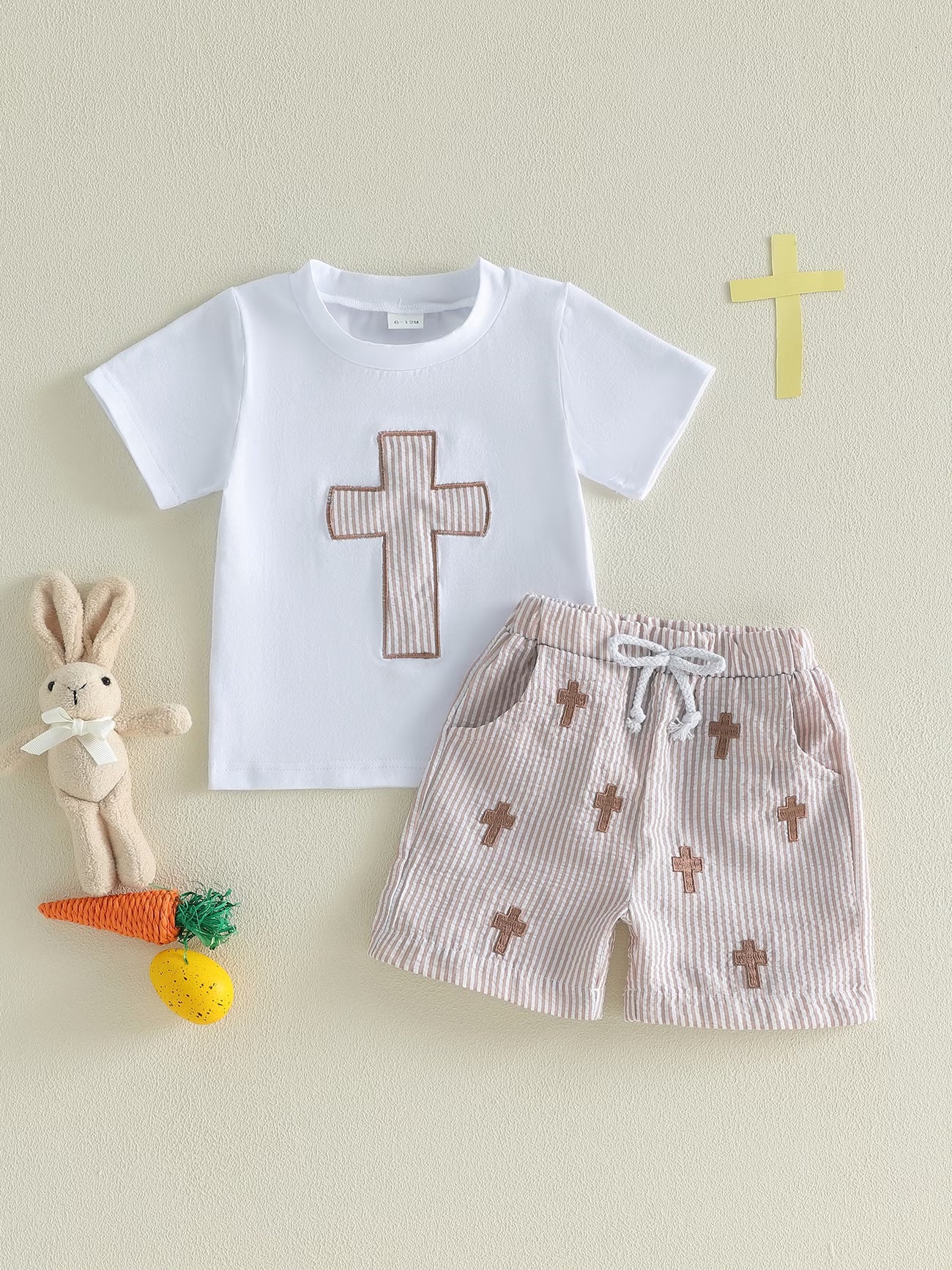 2-Piece Toddler Boy Easter Outfit Set – Cross Print Short Sleeve Top & Elastic Waist Shorts