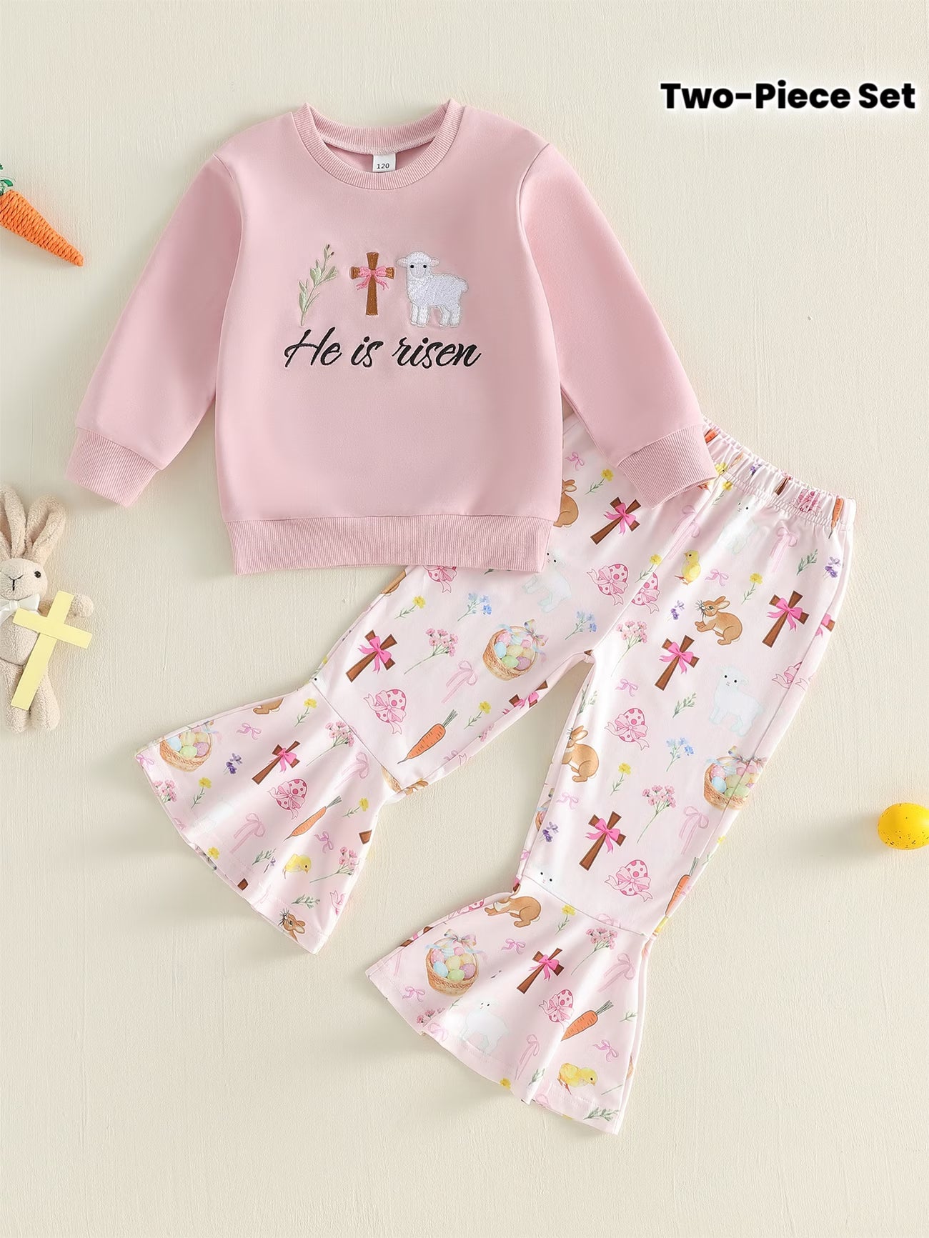 Two-Piece Kids Outfit Set – Long Sleeve Sweatshirt & Printed Bell-Bottom Pants