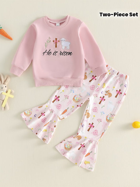 Two-Piece Kids Outfit Set – Long Sleeve Sweatshirt & Printed Bell-Bottom Pants