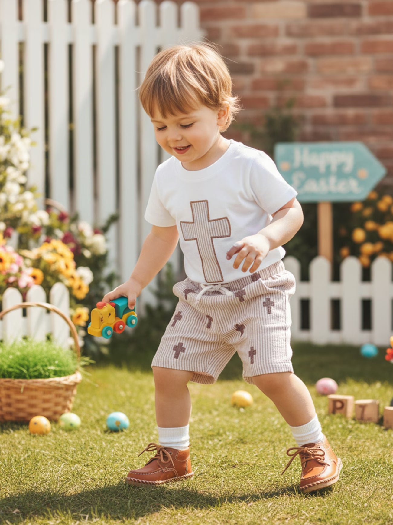 2-Piece Toddler Boy Easter Outfit Set – Cross Print Short Sleeve Top & Elastic Waist Shorts
