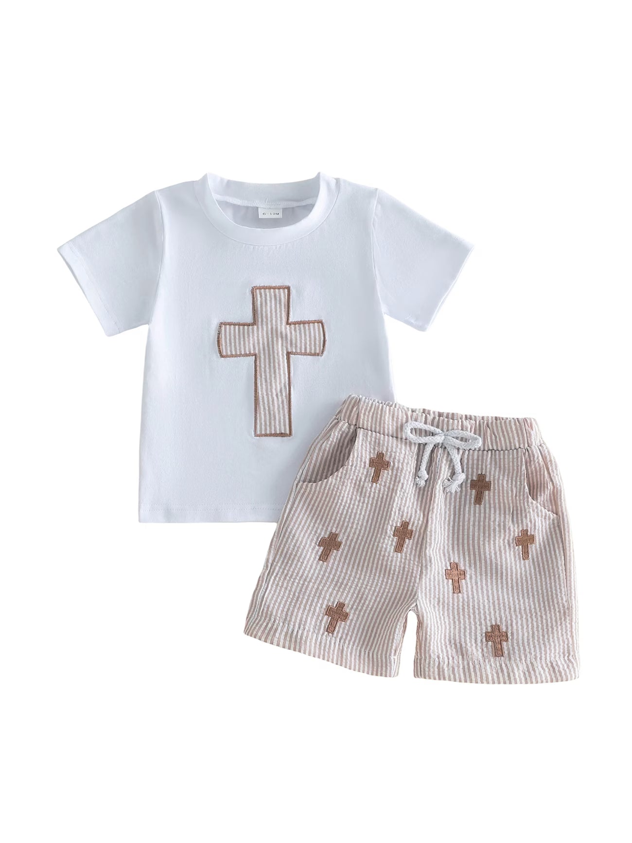 2-Piece Toddler Boy Easter Outfit Set – Cross Print Short Sleeve Top & Elastic Waist Shorts