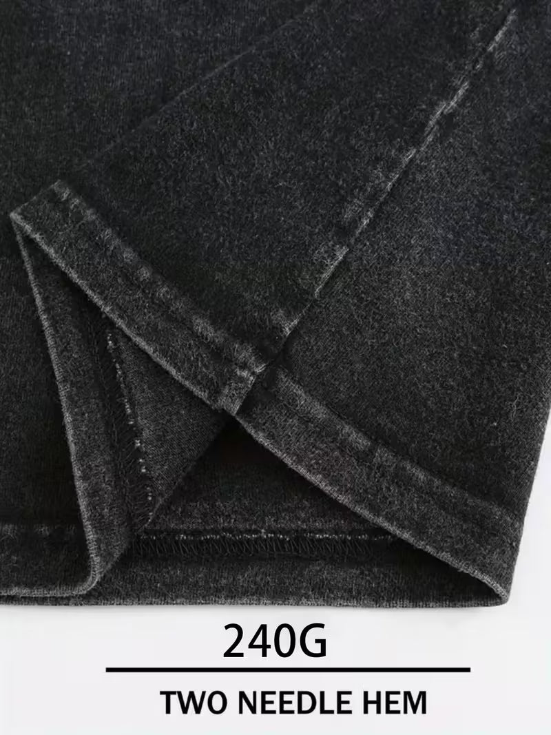 Dark gray fabric with a two needle hem and weight label on a white background
