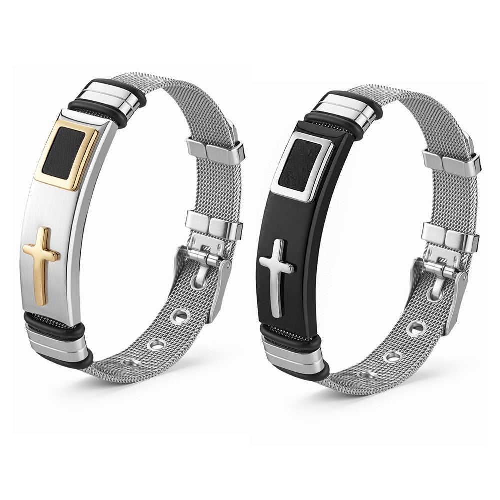 Unisex Adjustable Stainless Steel Cross Mesh Bracelet - Religious Wristband