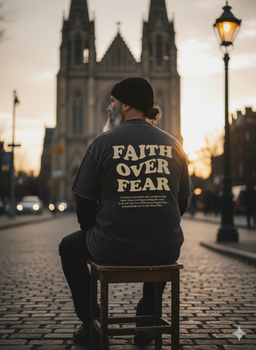 Person sitting on a stool with 'Faith Over Fear' shirt in an urban setting