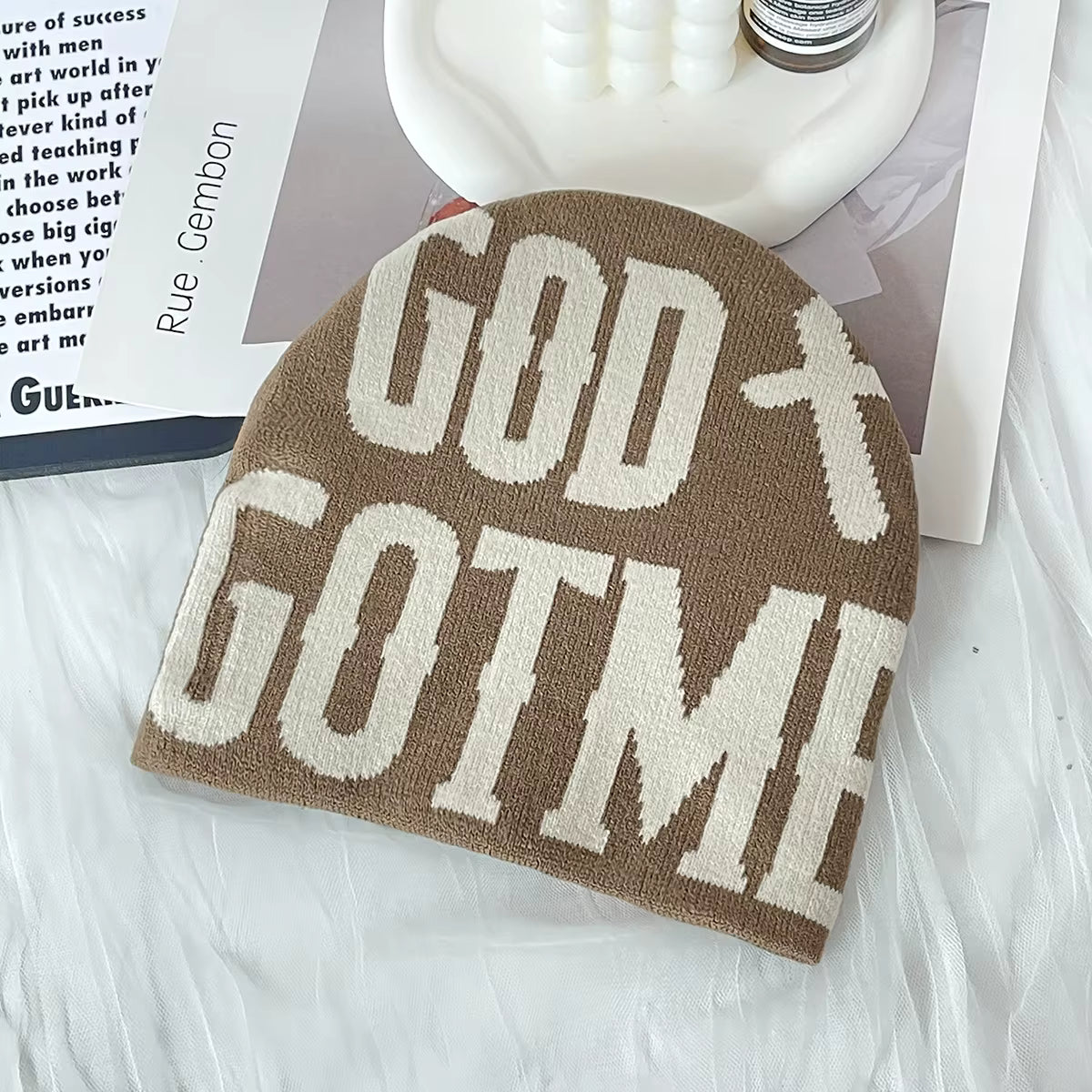 God Got Me Knitted Jacquard Beanie - Brown