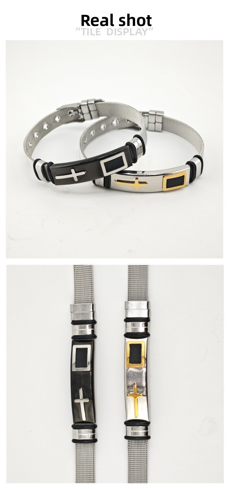 Unisex Adjustable Stainless Steel Cross Mesh Bracelet - Religious Wristband