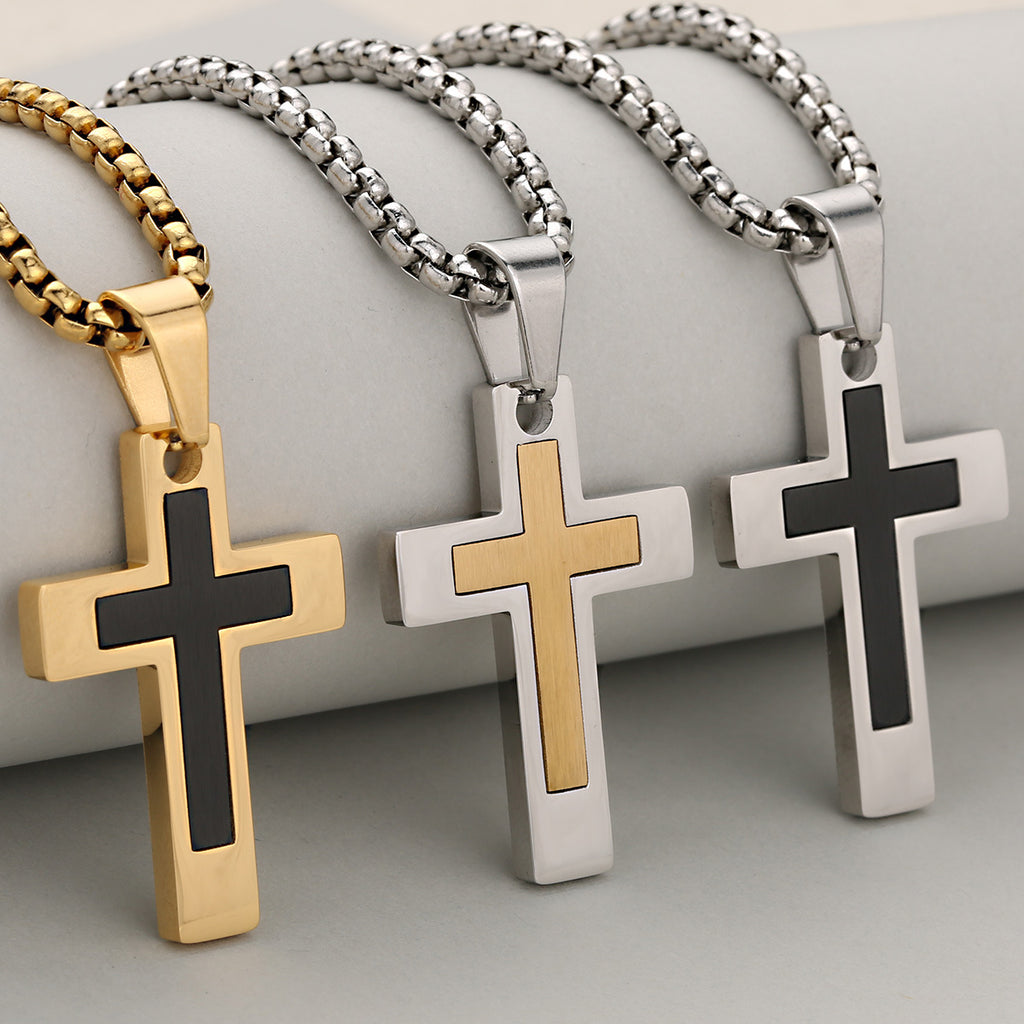 Unisex Stainless Steel Layered Cross Pendant Necklace - Christian Religious Jewelry
