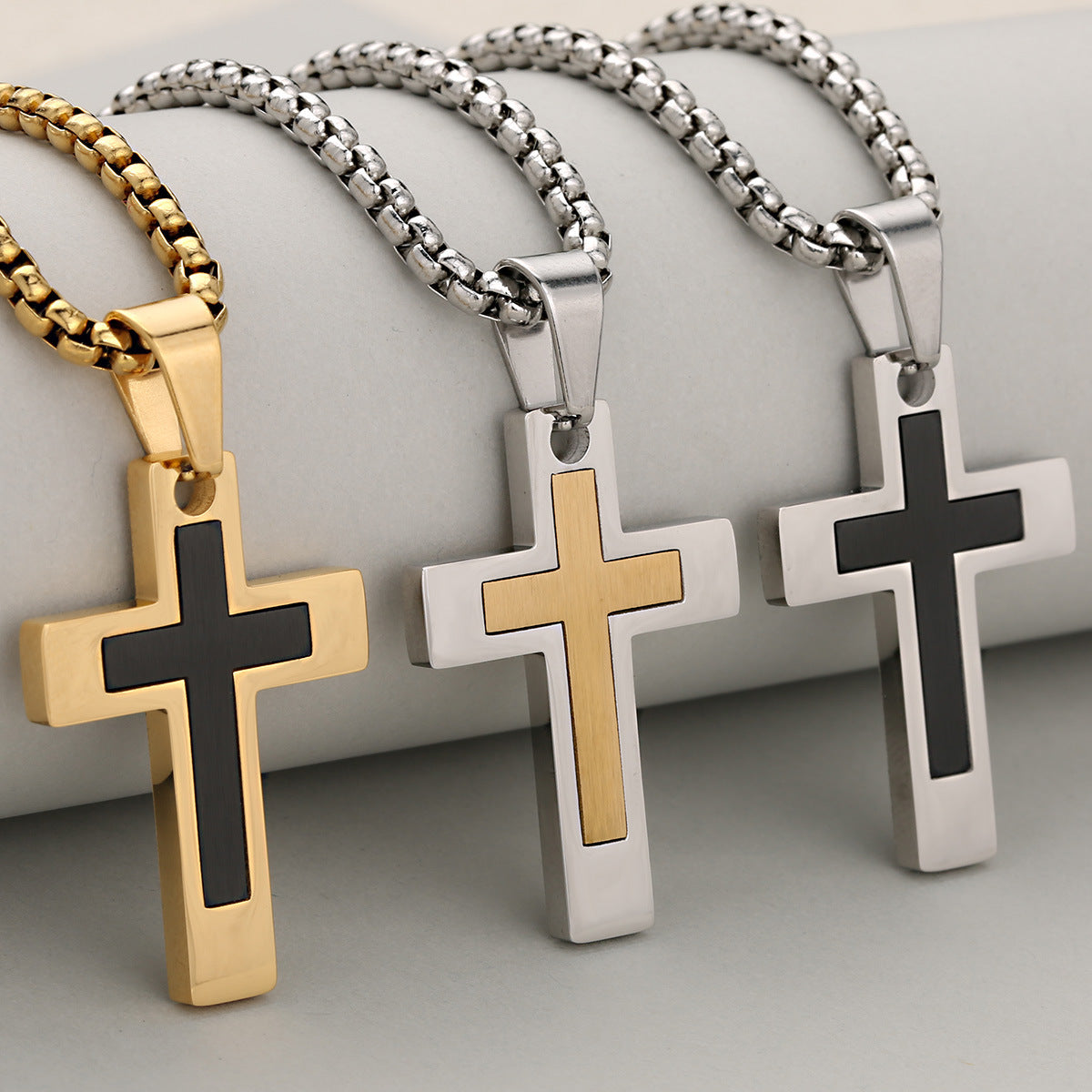 Unisex Stainless Steel Layered Cross Pendant Necklace - Christian Religious Jewelry