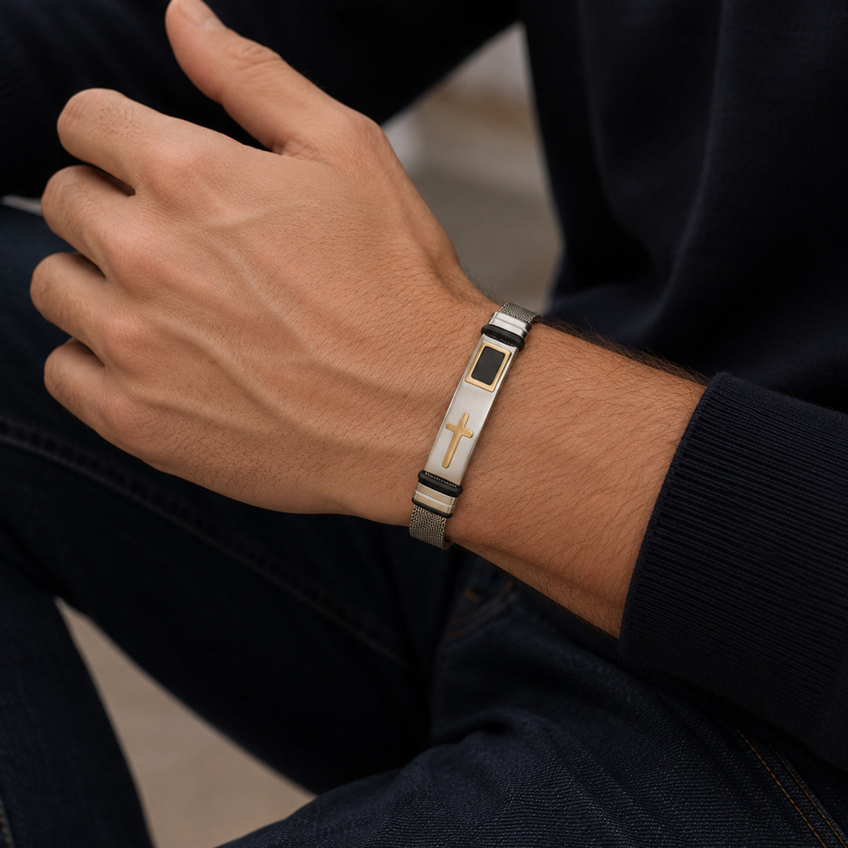 Unisex Adjustable Stainless Steel Cross Mesh Bracelet - Religious Wristband