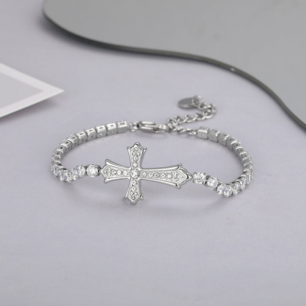 Unisex Stainless Steel Zircon Cross Bracelet - Religious Jewelry