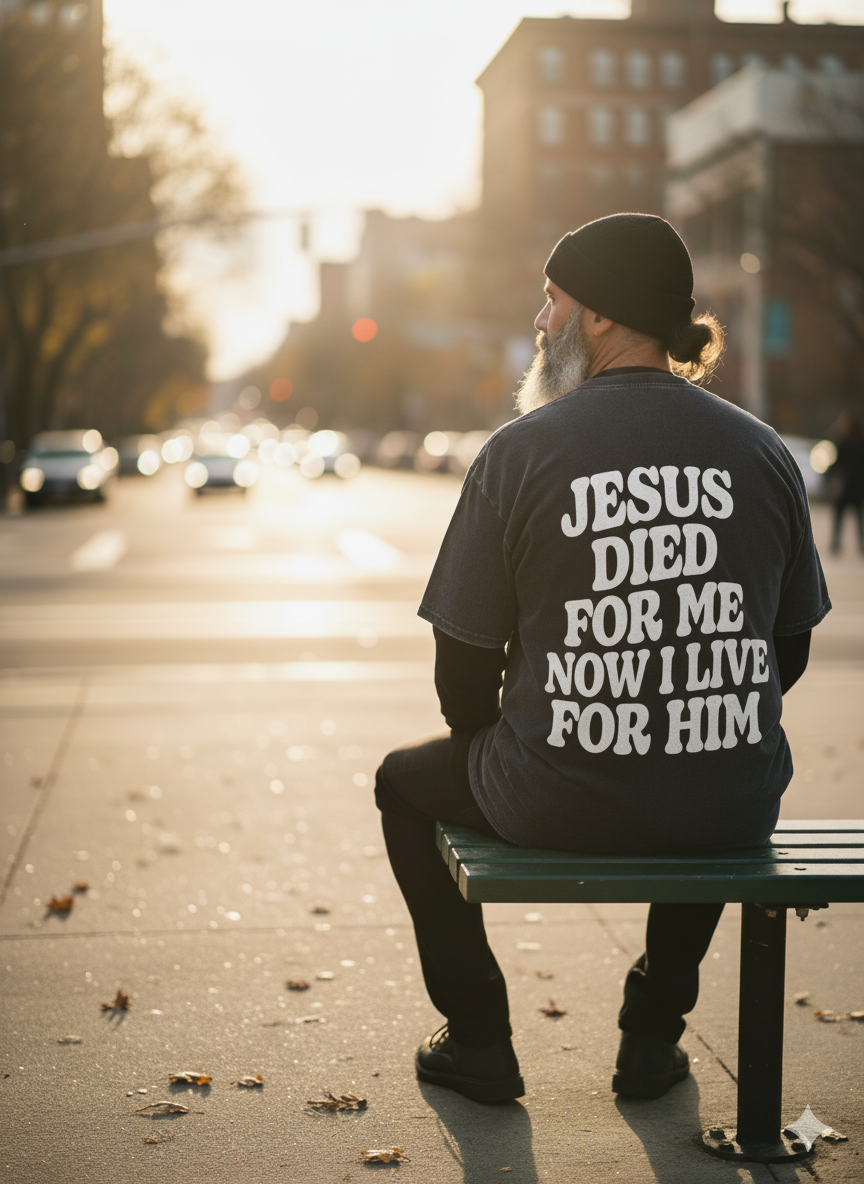 Person sitting on a bench wearing a black t-shirt with a religious message.