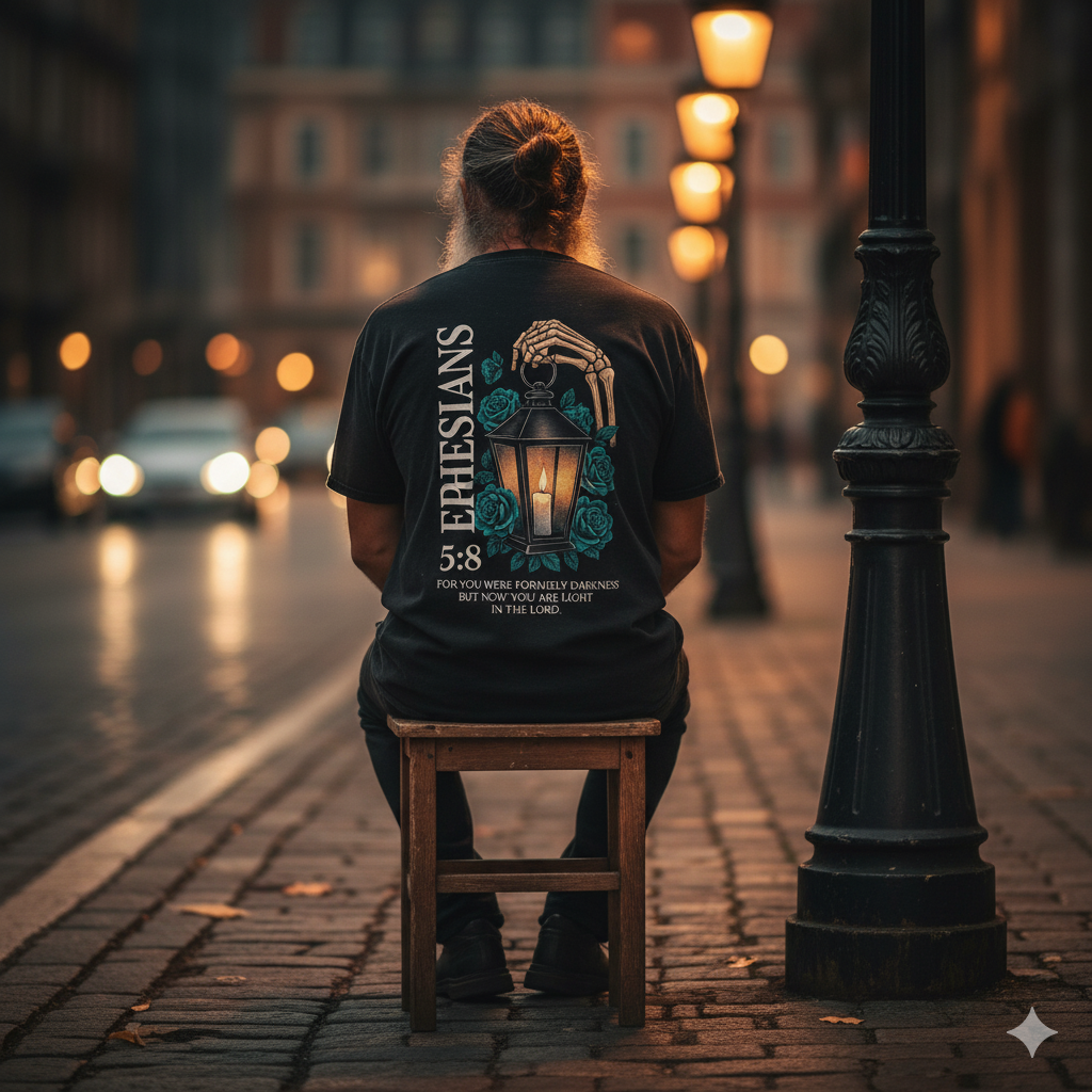 Person sitting on a stool in an urban street at night, wearing a black t-shirt with a design and text.