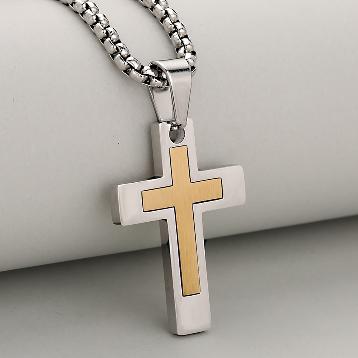 Unisex Stainless Steel Layered Cross Pendant Necklace - Christian Religious Jewelry
