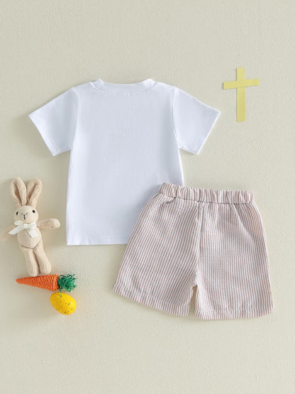 2-Piece Toddler Boy Easter Outfit Set – Cross Print Short Sleeve Top & Elastic Waist Shorts
