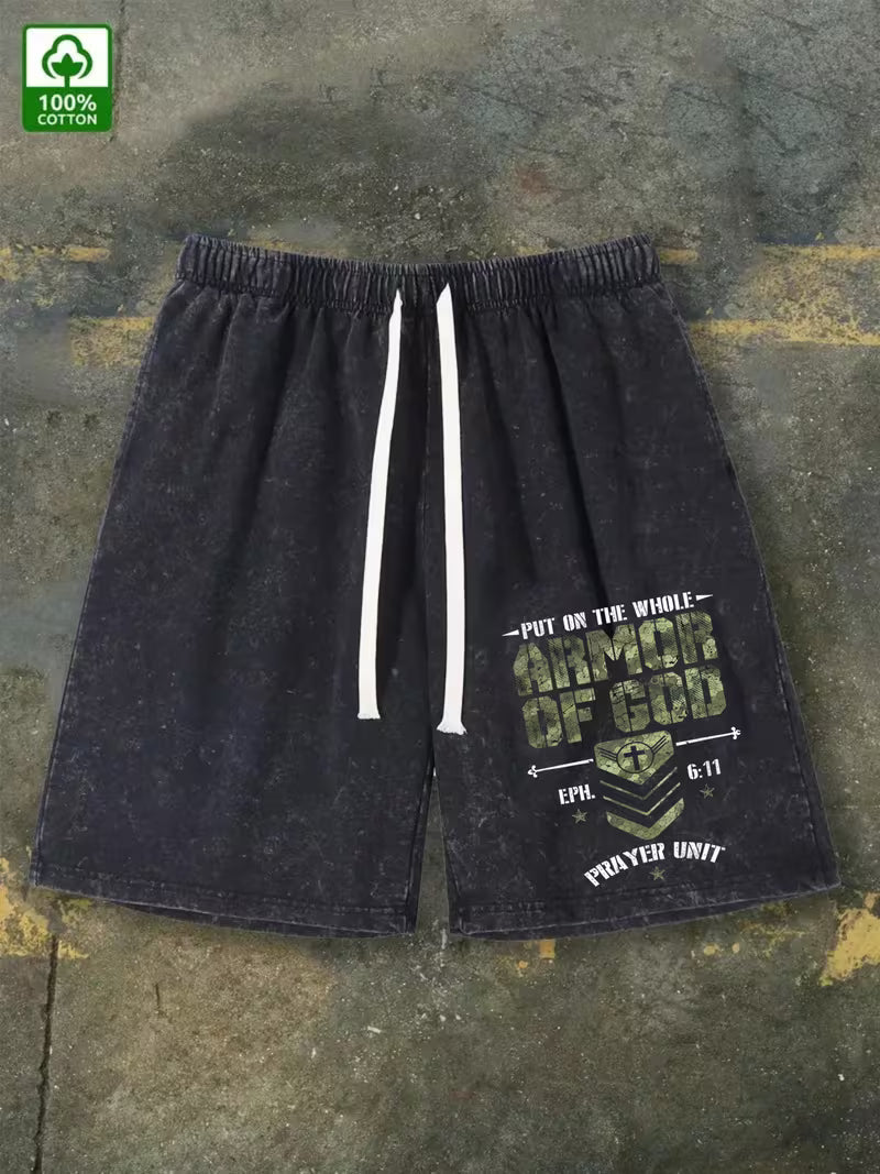 “Put On The Whole Armor of God” Shorts | 290G Washed Cotton | Printed Pattern | Summer Casual Outdoor Shorts with Pockets & Drawstring Waist