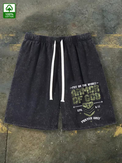“Put On The Whole Armor of God” Shorts | 290G Washed Cotton | Printed Pattern | Summer Casual Outdoor Shorts with Pockets & Drawstring Waist