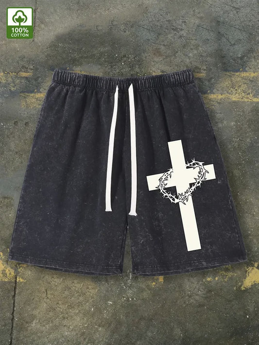 Unisex Heavyweight 290G Vintage Washed Athletic Shorts | Adjustable Drawstring & Elastic Waist | Cross & Thorn Print | Summer Casual Streetwear & Gym Shorts with Pockets (White / Cross Design)