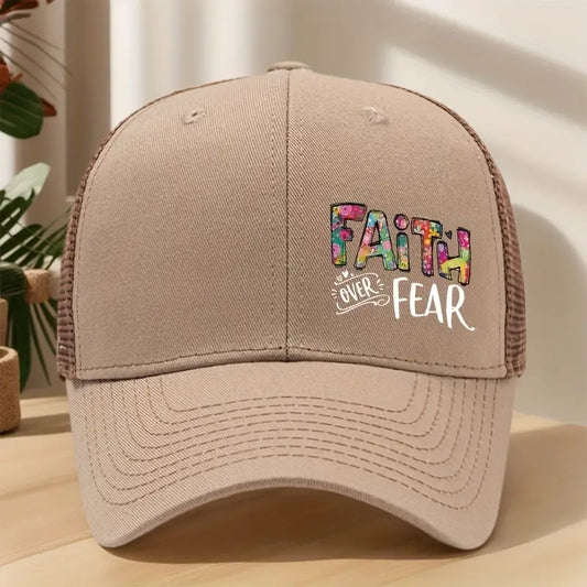 Faith Over Fear Trucker Hat – Airy Mesh Design, Durable Beige Cap for Casual & Active Lifestyle