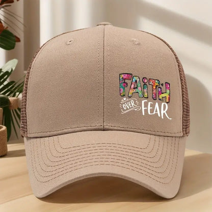 Faith Over Fear Trucker Hat – Airy Mesh Design, Durable Beige Cap for Casual & Active Lifestyle