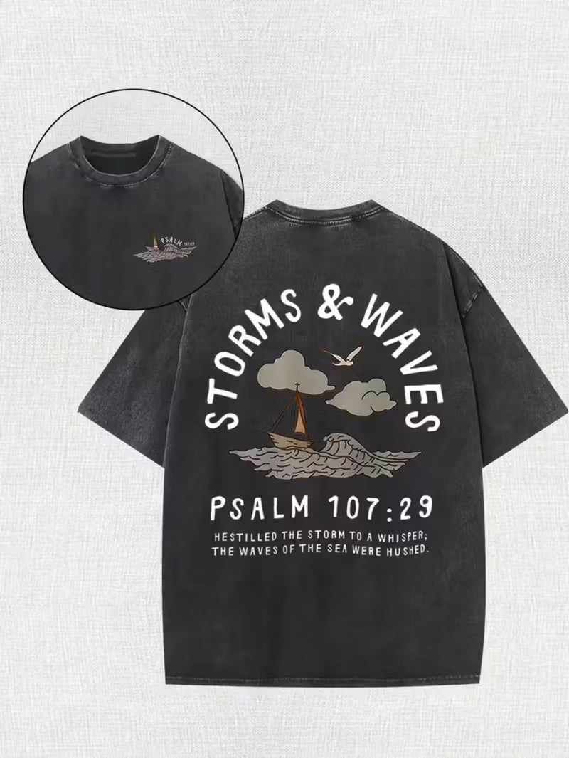 Vintage Washed T-Shirt with Storms & Waves Graphic & Psalm 107:23-29