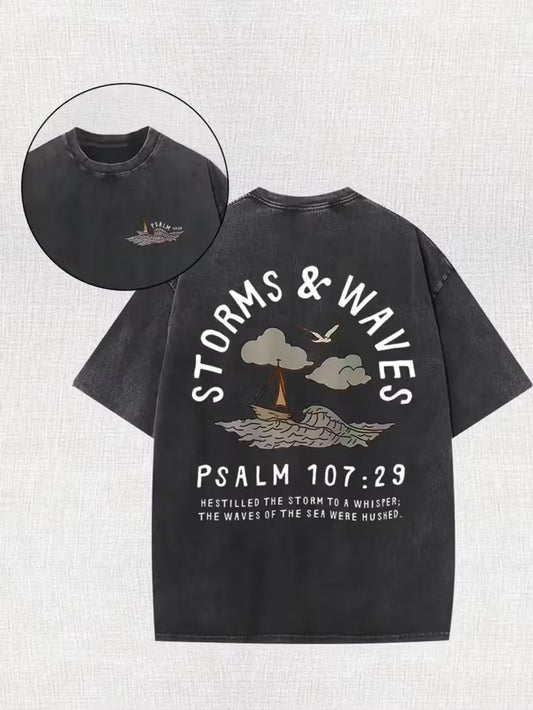 Vintage Washed T-Shirt with Storms & Waves Graphic & Psalm 107:23-29