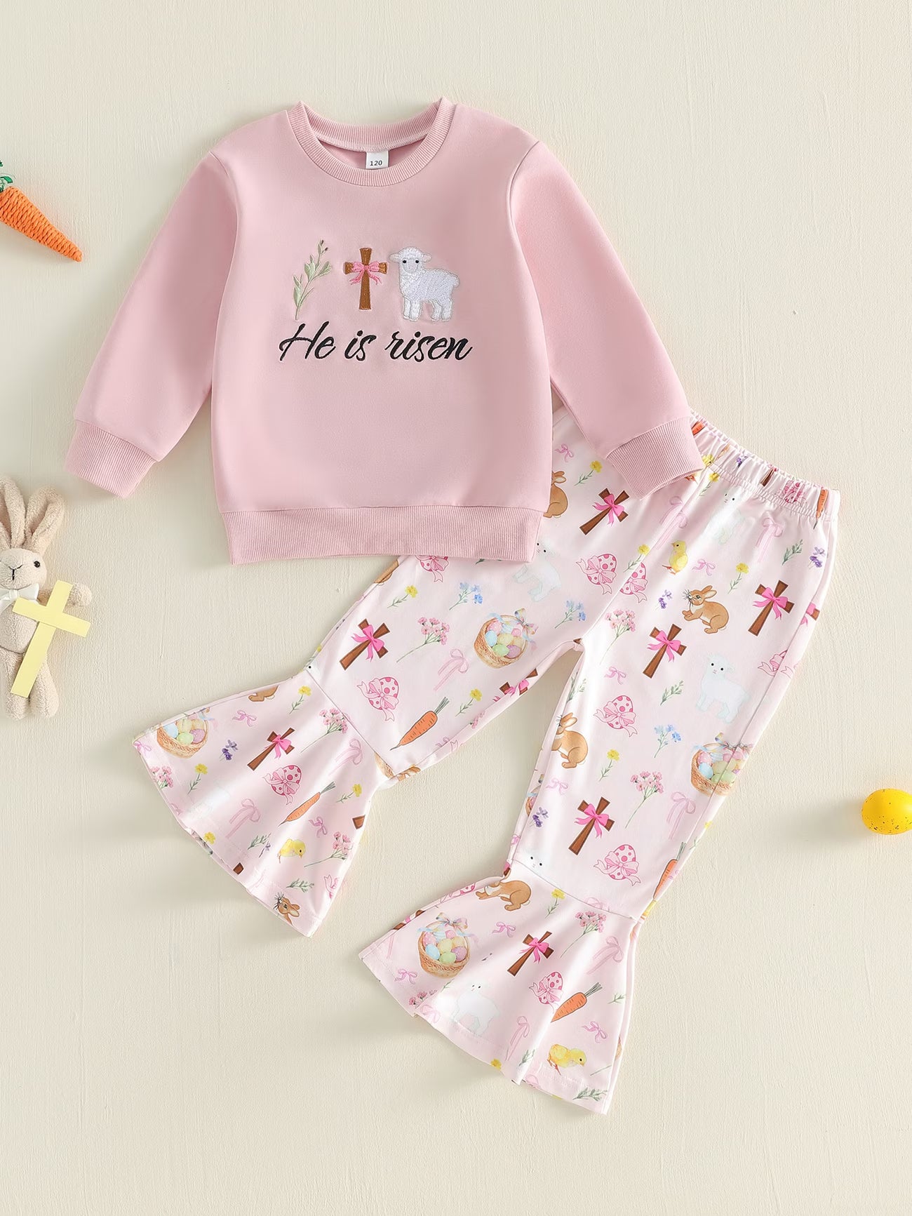 Two-Piece Kids Outfit Set – Long Sleeve Sweatshirt & Printed Bell-Bottom Pants