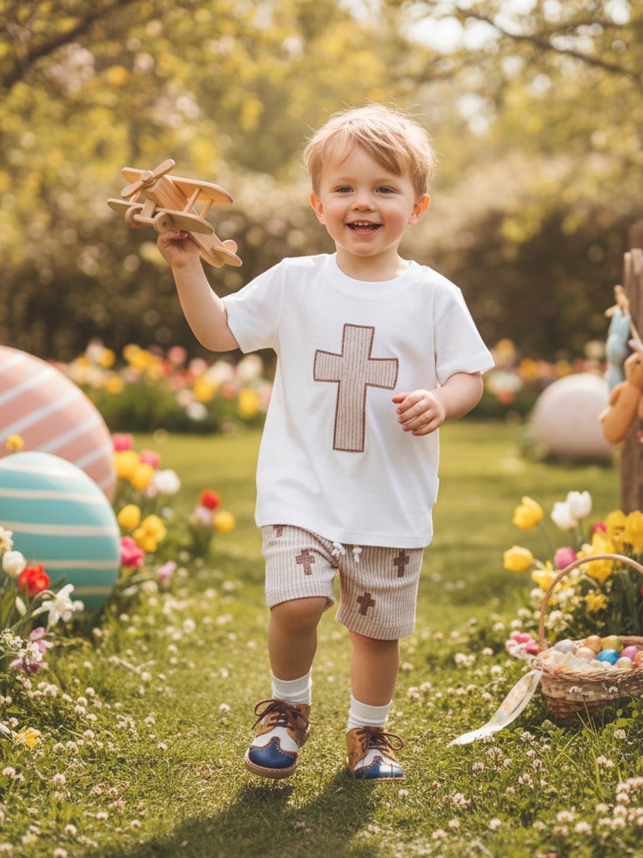 2-Piece Toddler Boy Easter Outfit Set – Cross Print Short Sleeve Top & Elastic Waist Shorts