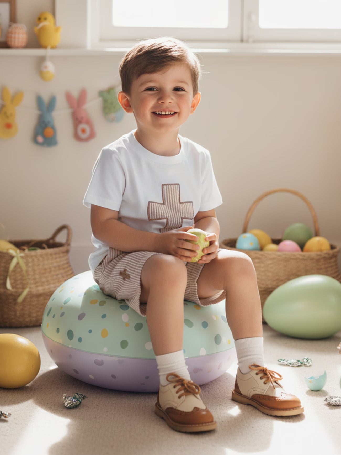 2-Piece Toddler Boy Easter Outfit Set – Cross Print Short Sleeve Top & Elastic Waist Shorts